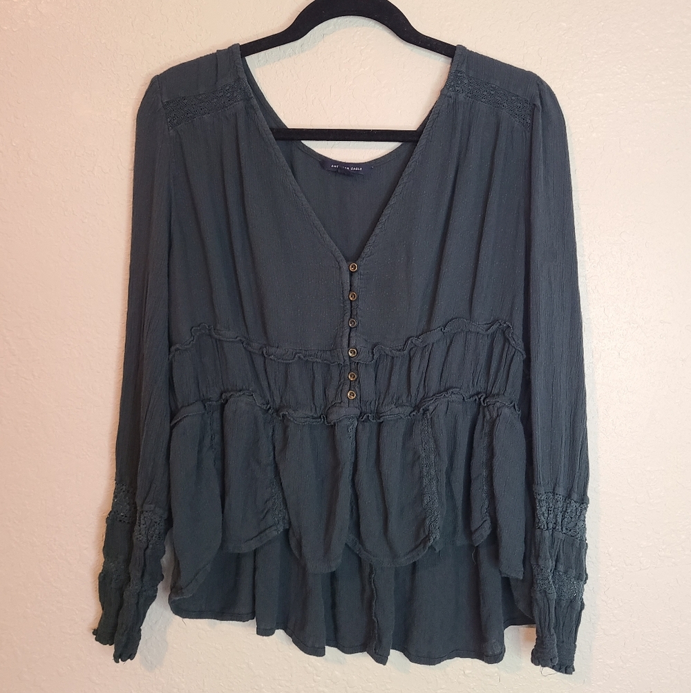 American Eagle Button-Front Ruffled Blouse XL - image 1